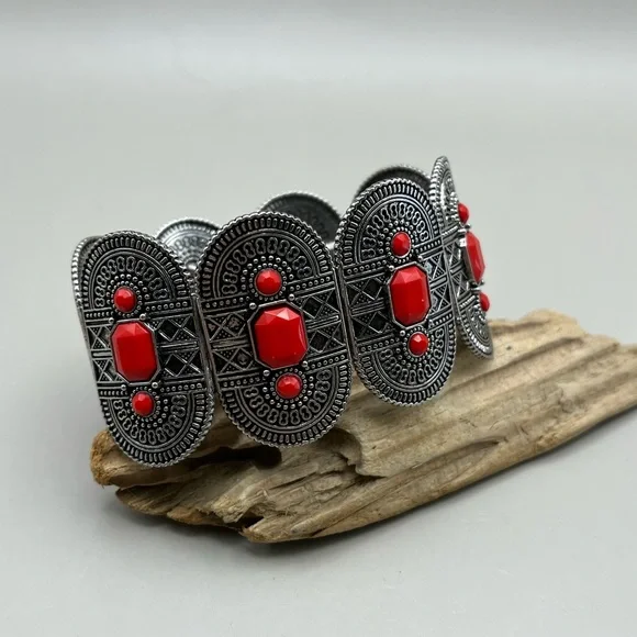Elegant Silver and Red Women's Bracelet - Picture 1 of 4